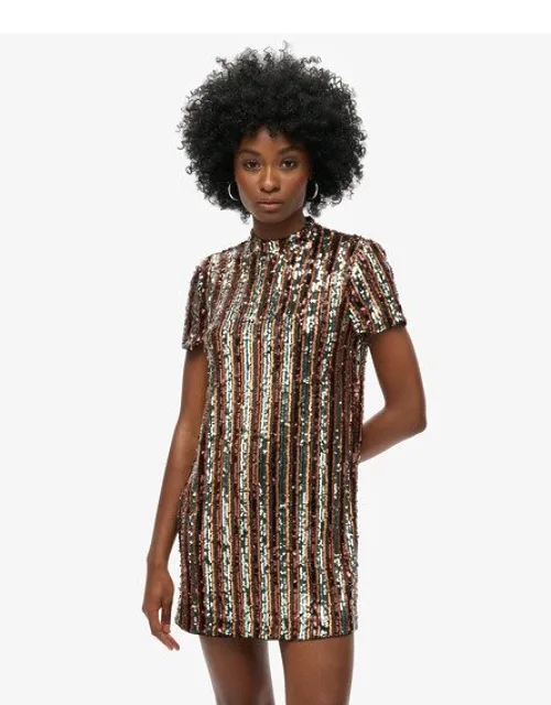 Superdry Sequin T-shirt Mini Dress With Relaxed Fit And High Neck