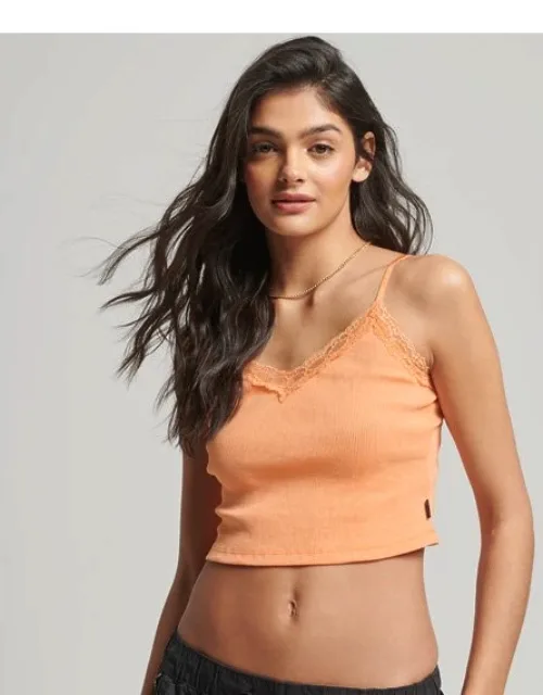 Superdry Rib Lace Cami Top - Adjustable Spaghetti Straps, Lace Trim