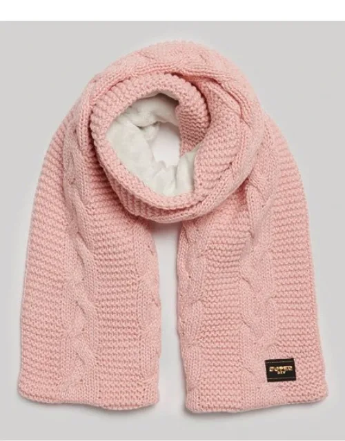 Superdry Cable Knit Scarf With Faux Fur Lining And Wool Blend