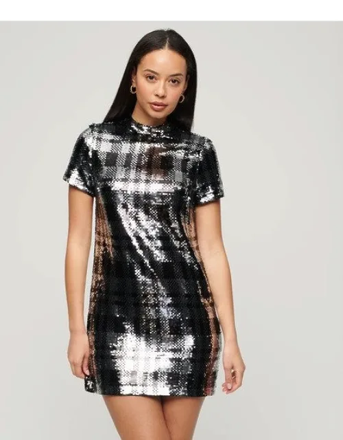 Superdry High Neck Sequin T-shirt Dress Glamorous Texture, Classic Silhouette