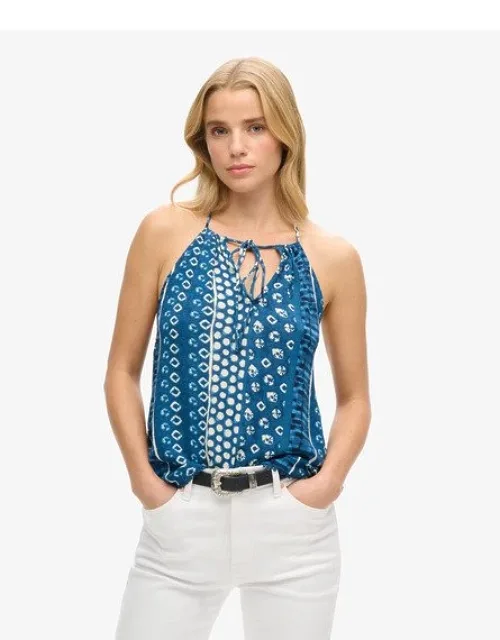 Printed Beach Halter Top With Tie Neck And Lace Trims
