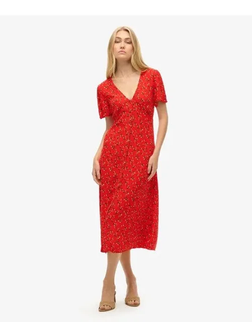 Printed Button-up Short Sleeve Midi Tea Dress