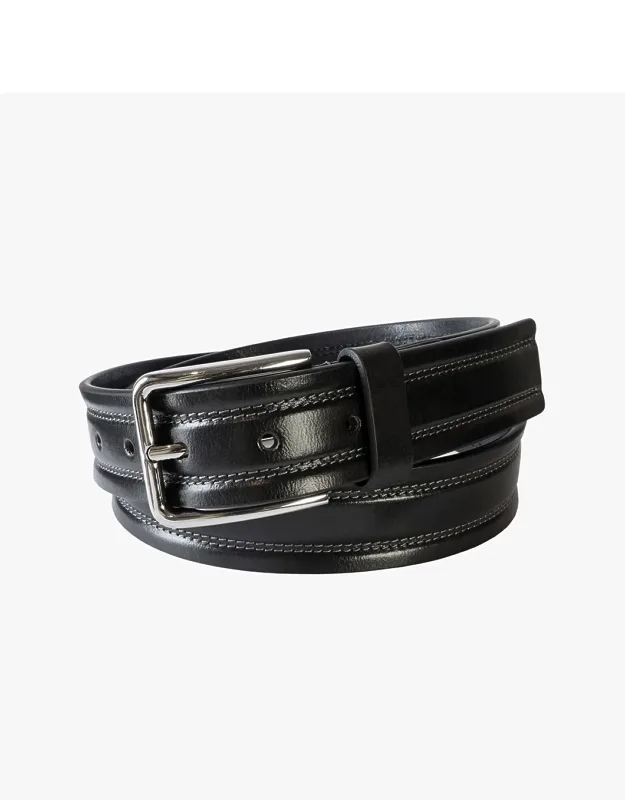 Florsheim Shoes Quinn Genuine Leather Belt With Double Grooved Design And Silver Buckle