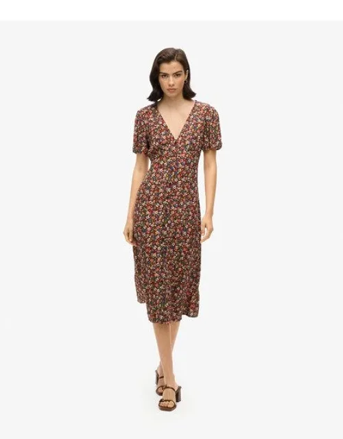 Printed Button-up Short Sleeve Midi Tea Dress