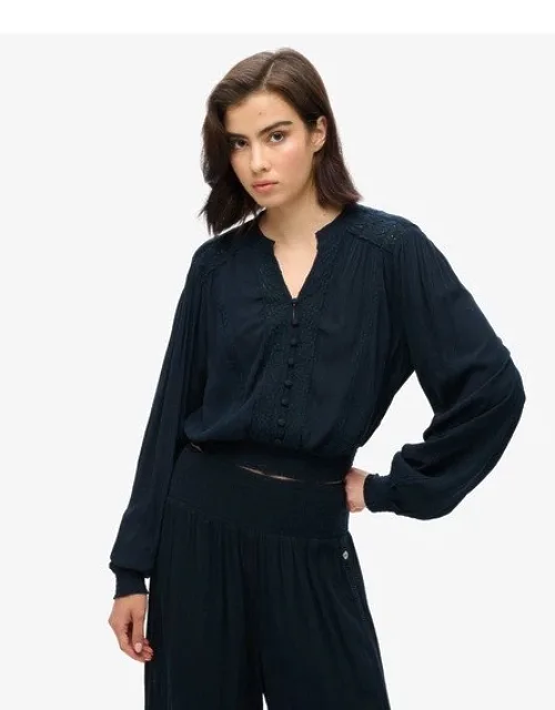 Classic Long Sleeve Lace Trim Smocked Blouse