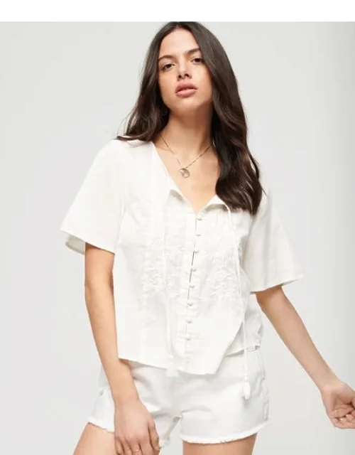 Short Sleeve Embroidered Button Top