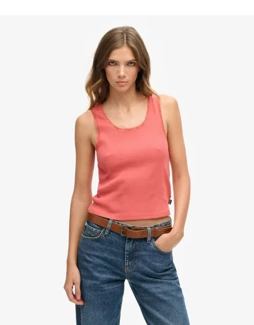 Superdry Organic Cotton Vintage Lace Trim Vest Top, Slim Fit, Ribbed Material