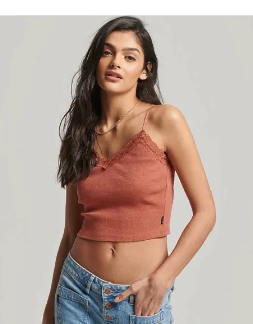 Rib Lace Trim Cami Top - Adjustable Spaghetti Straps, Cropped Length