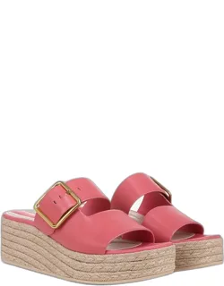 Espadrille Slide Sandals With Round Toe, Platform Heels, Wedge Heels, And Buckle Closure.