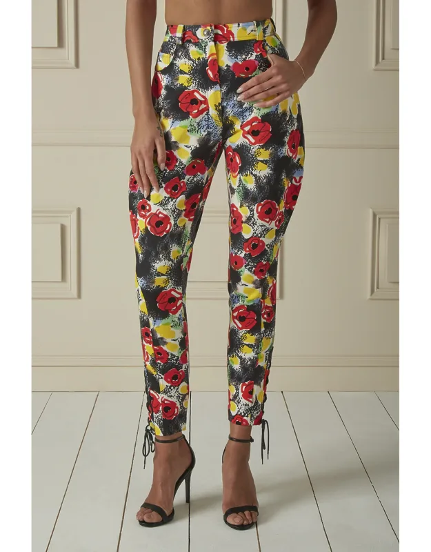 Multicolor Floral Printed Denim High-waisted Pants