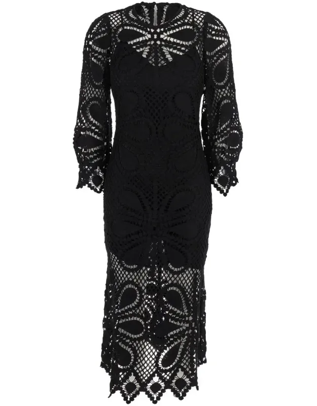 Grace Crewneck Midi Dress With All-over Embroidery And Asymmetric Hem In Cotton