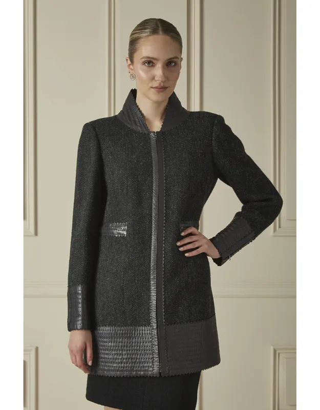 Herringbone Wool Leather Trim Coat