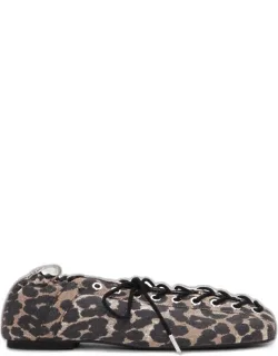 Leopard Printed Denim Lace-up Ballerinas