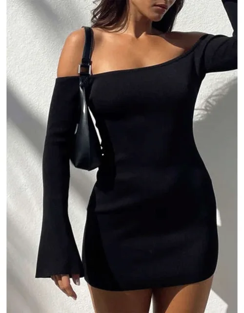 Parisa Long Sleeve Mini Dress Ribbed Off-the-shoulder