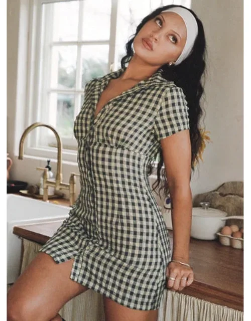 Mini Dress Check With Ruched Bust And Button-down Closure