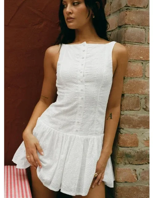 Sweeter Places Embroidered Mini Dress With Round Neckline And Pleated Hem