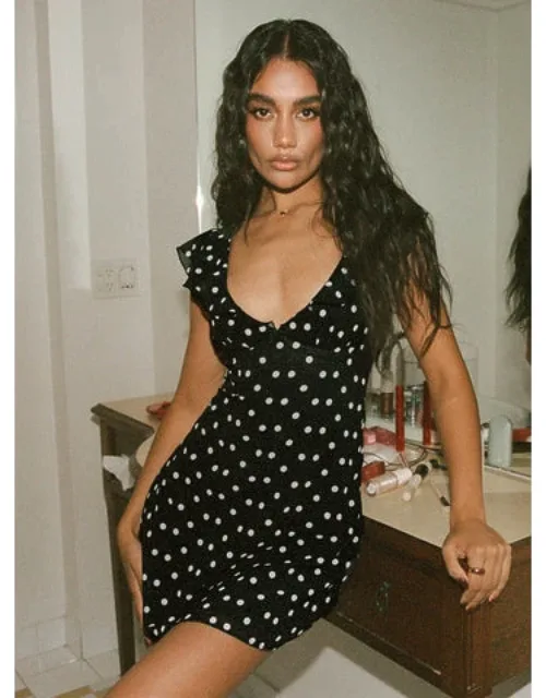 I Guess So Mini Dress Polka Dot With Frill Shoulder Straps And Ruched Bust