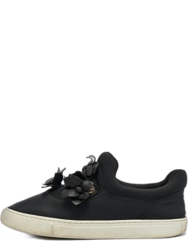 Neoprene And Leather Blossom Floral Applique Slip On Sneakers