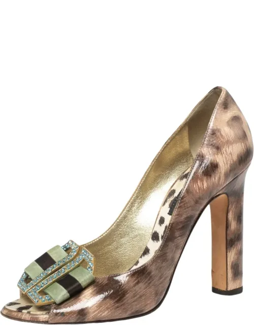 Leopard Print Patent Leather Embellished Buckle Detail Peep-toe Pumps