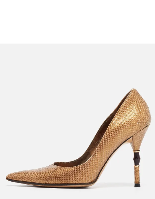 Metallic Gold Snakeskin Bamboo Heel Pump