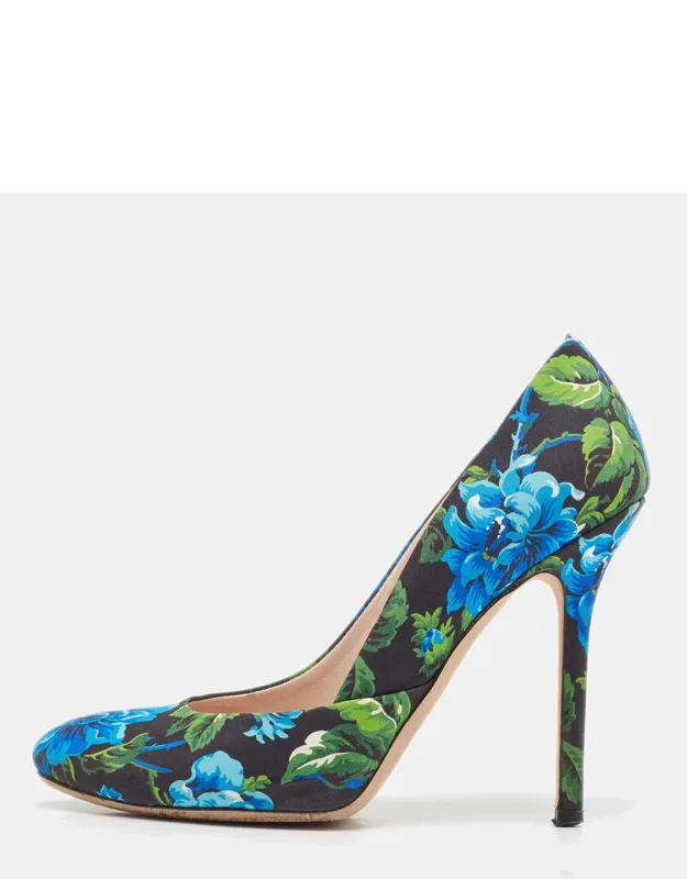 Multicolor Flower Print Satin Round Toe Pumps
