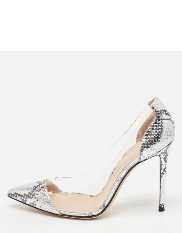 Silver Snake Embossed Leather And Pvc Plexi Pumps