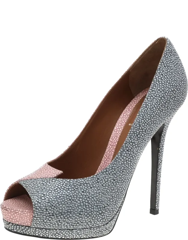 Textured Leather Peep Toe Platform Pumps