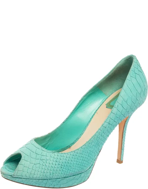 Dior Turquoise Python Embossed Leather Peep-toe Pumps