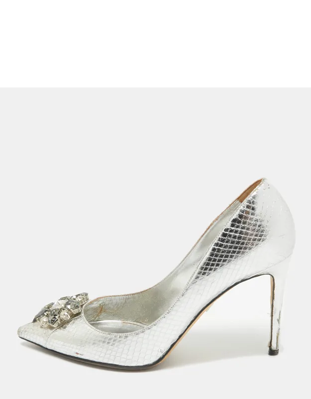 Silver Embossed Snakeskin Pumps