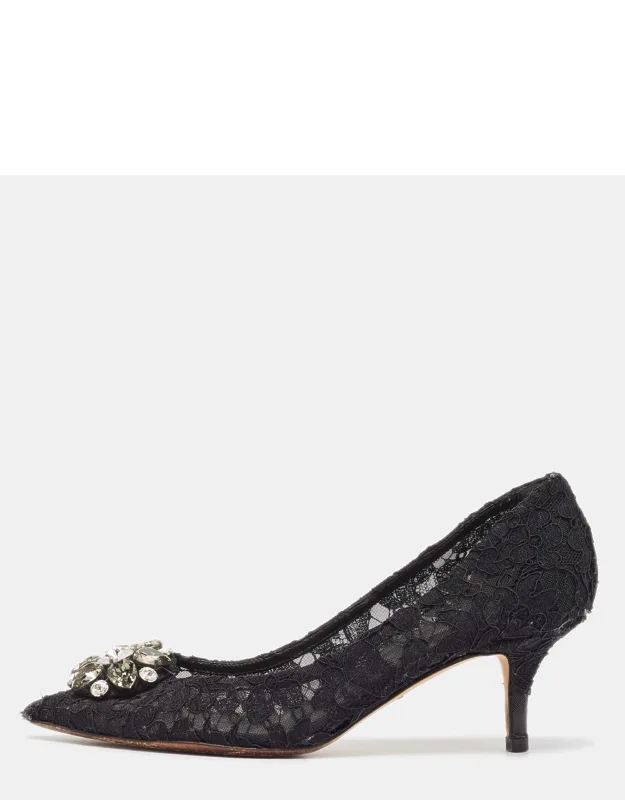 Black Lace Bellucci Pumps With Crystal Embellishment And 7cm Heels