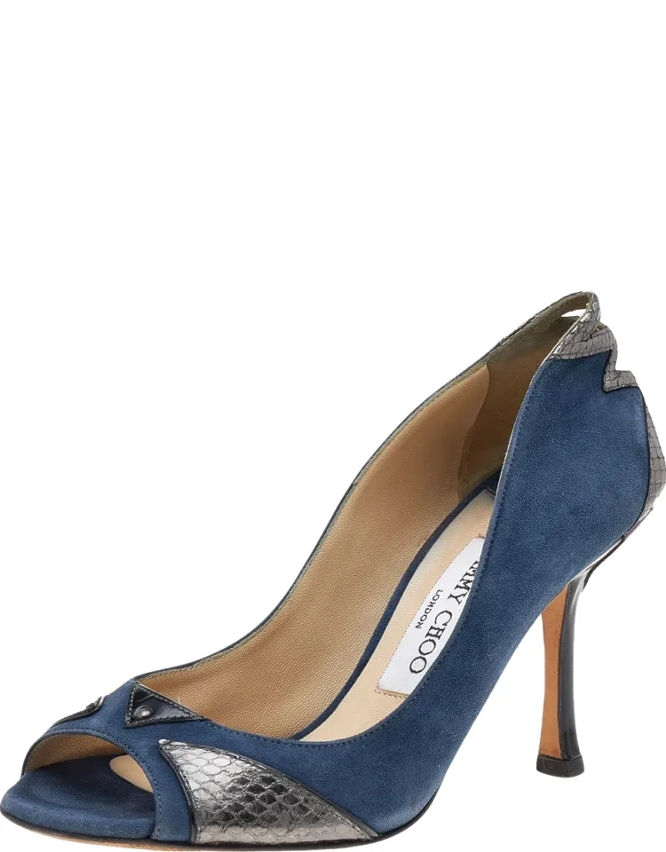 Suede And Snakeskin Peep Toe Pumps