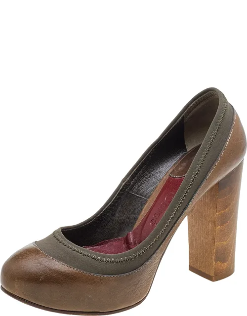Leather And Fabric Block Heel Platform Pumps