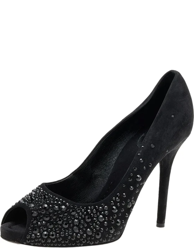 Suede Crystal Embellished Peep Toe Pumps