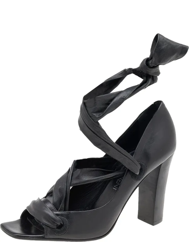 Leather Open Toe Ankle Wrap Pumps