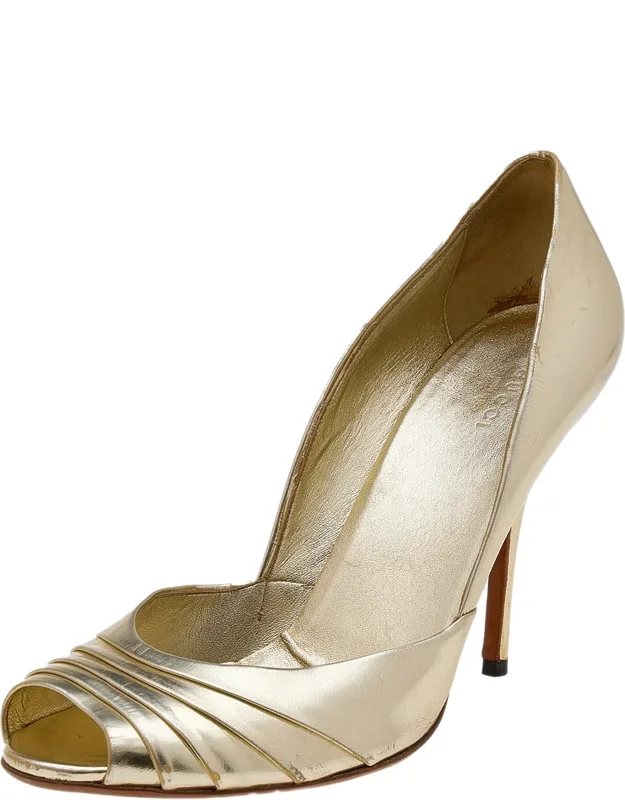 Metallic Gold Leather Peep Toe Pump