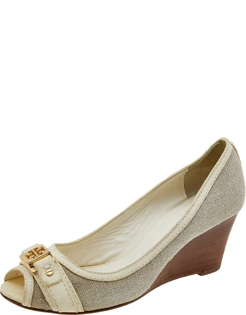 Canvas And Leather Wedge Peep Toe Pumps
