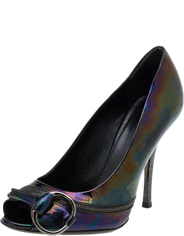 Iridescent Patent Leather Horsebit Peep Toe Pumps