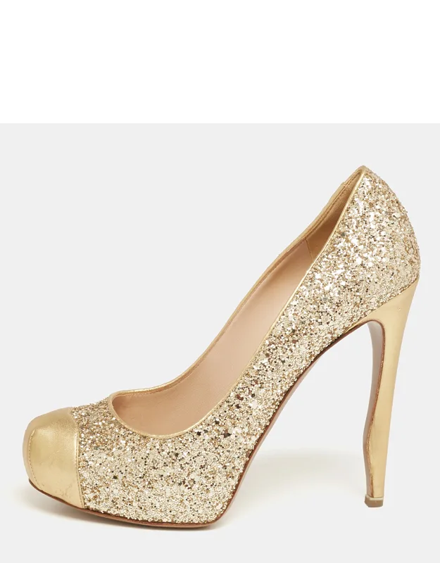 Gold Glitter And Leather Cap-toe Pump