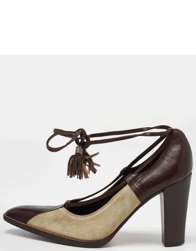 Suede And Leather Fringe Detail Ankle Wrap Pumps