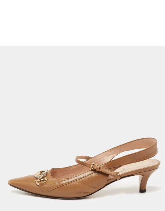 Brown Leather Slingback Pumps With 4.5 Cm Heels And Gold Tone Hardware