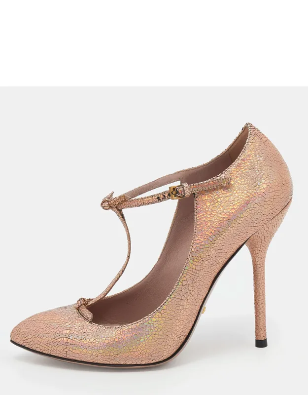 Metallic Holographic Crackled Leather T-strap Pumps