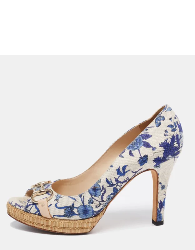Floral Print Canvas Horsebit Peep Toe Platform Pumps