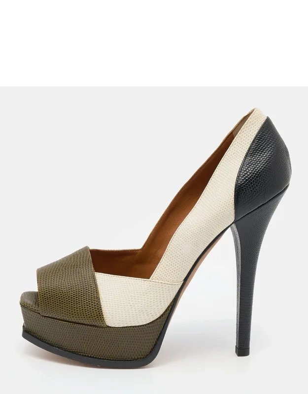 Tricolor Iguana Leather Peep Toe Platform Pumps