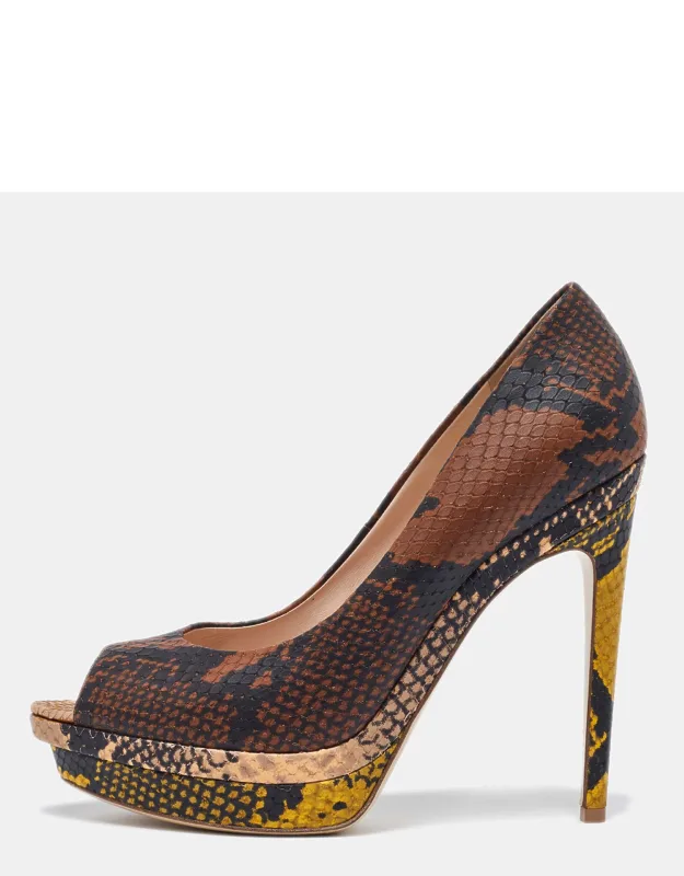 Fendi Multicolor Python Embossed Leather Peep Toe Platform Pumps