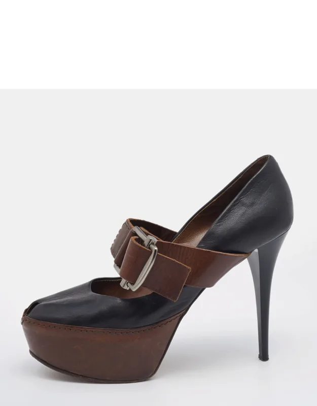 Leather Mary Jane Peep Toe Platform Pumps