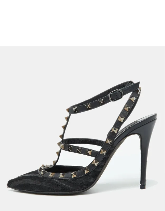 Leather And Calf Hair Ankle Strap Pumps