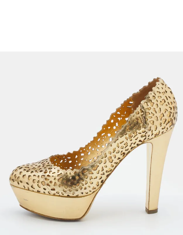 Metallic Gold Laser Cut Leather Platform Pump
