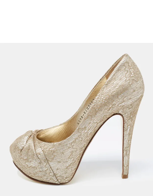 Gold Lace And Leather Platform Pumps