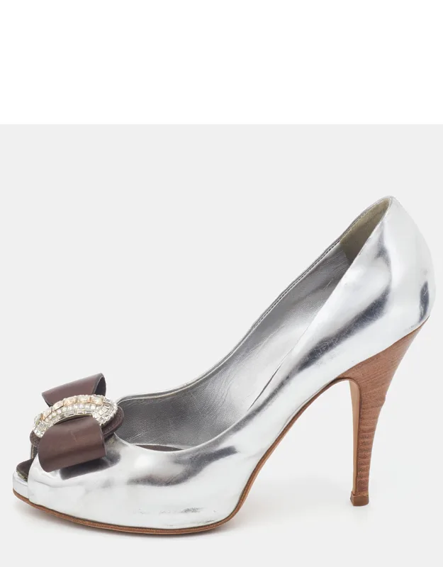 Silver/brown Leather Bow Crystal Embellished Peep Toe Pumps