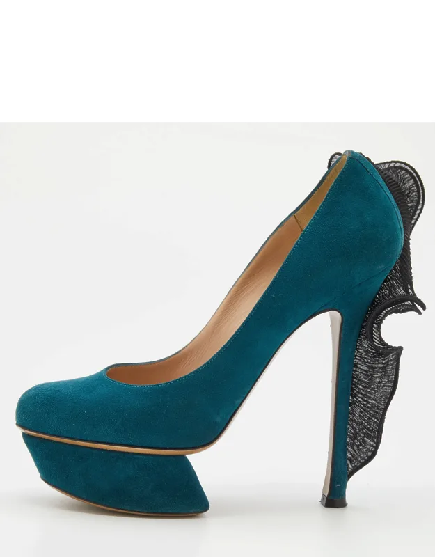 Suede And Ruffle Fabric Platform Pumps